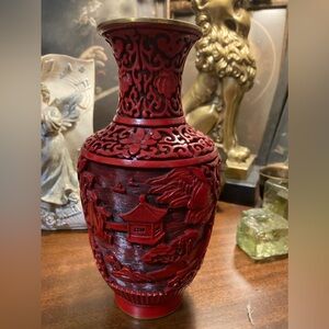 CINNABAR Brass Vase Vintage Antique MCM Red Carved From Singapore RARE